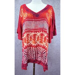 NWT The Greater Good Womens Red Orange Trival Print V Neck Top 2X Semi Sheer